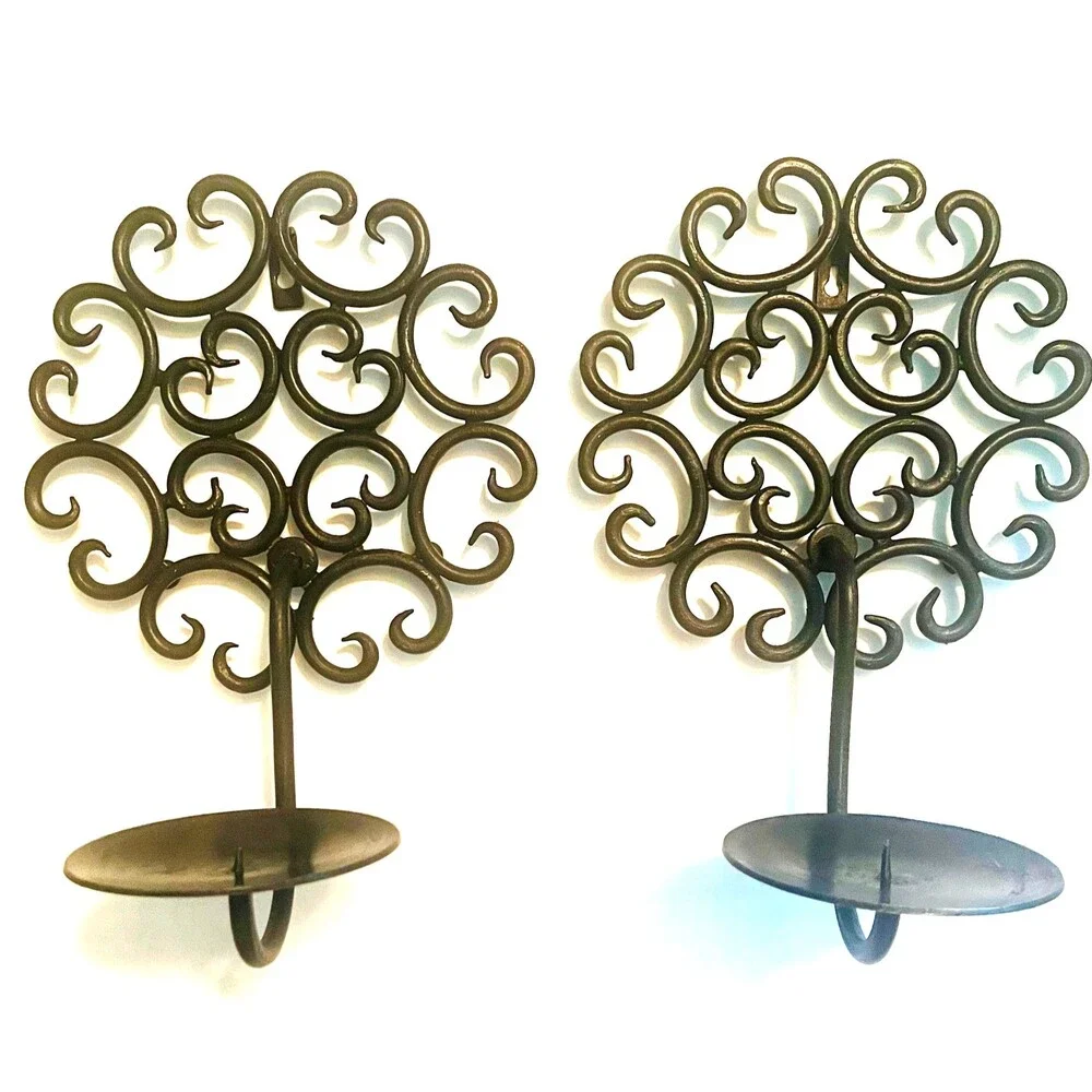 2 Vintage Tree of  Life black wrought iron wall candle sconces scrollwork